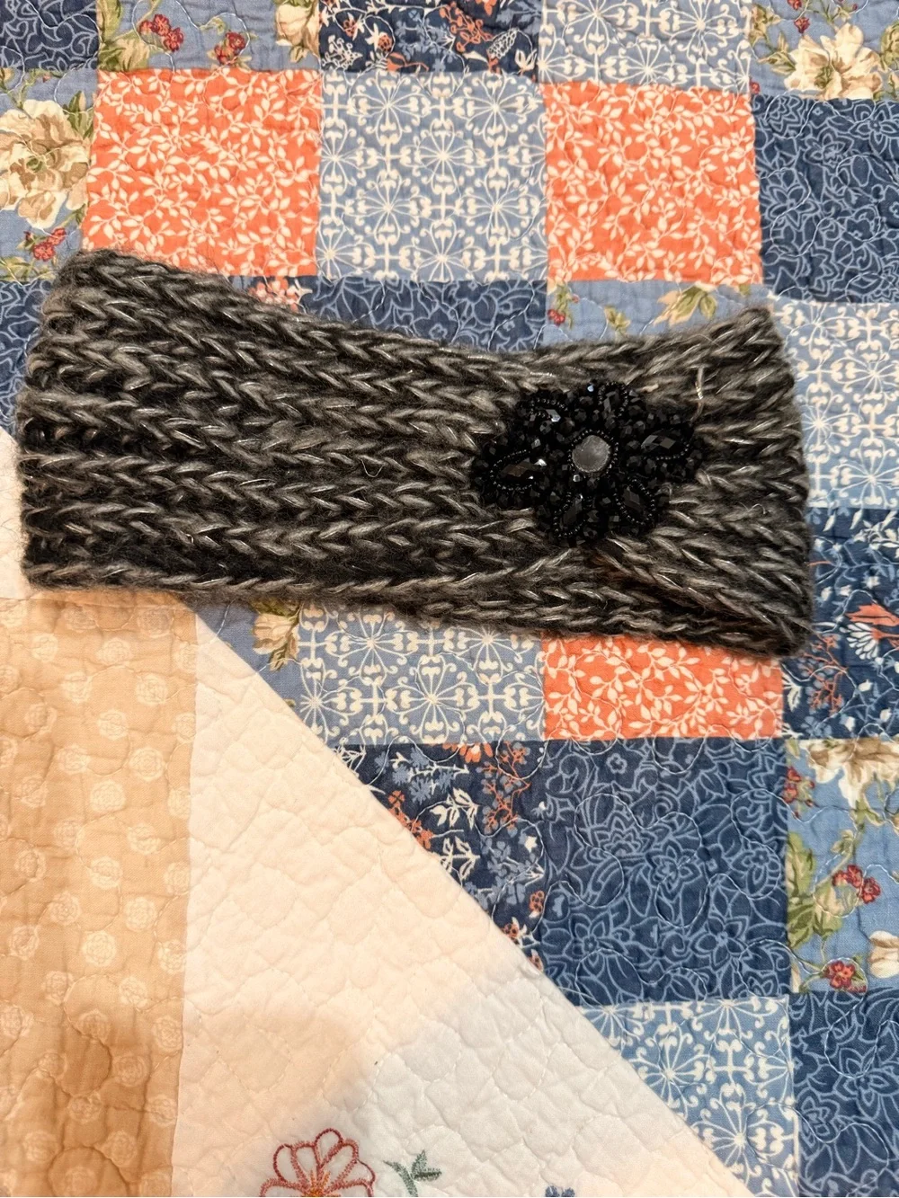Knitted Black & Gray Headband with Beaded Flower Accent